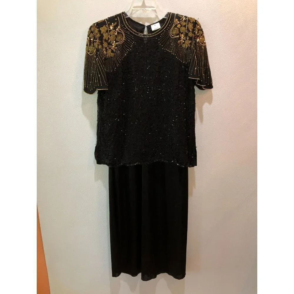 Praise Hymn Womens Small Black Gold Beaded Sequins Cocktail Party Formal Dress